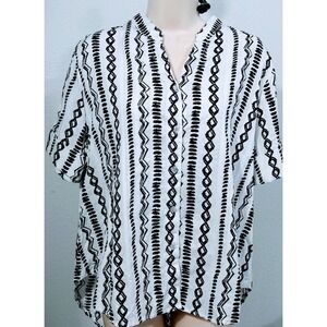 Allison Daley‎ Boho Button Down  PXL Short Sleeve Shirt Print White Black Blouse